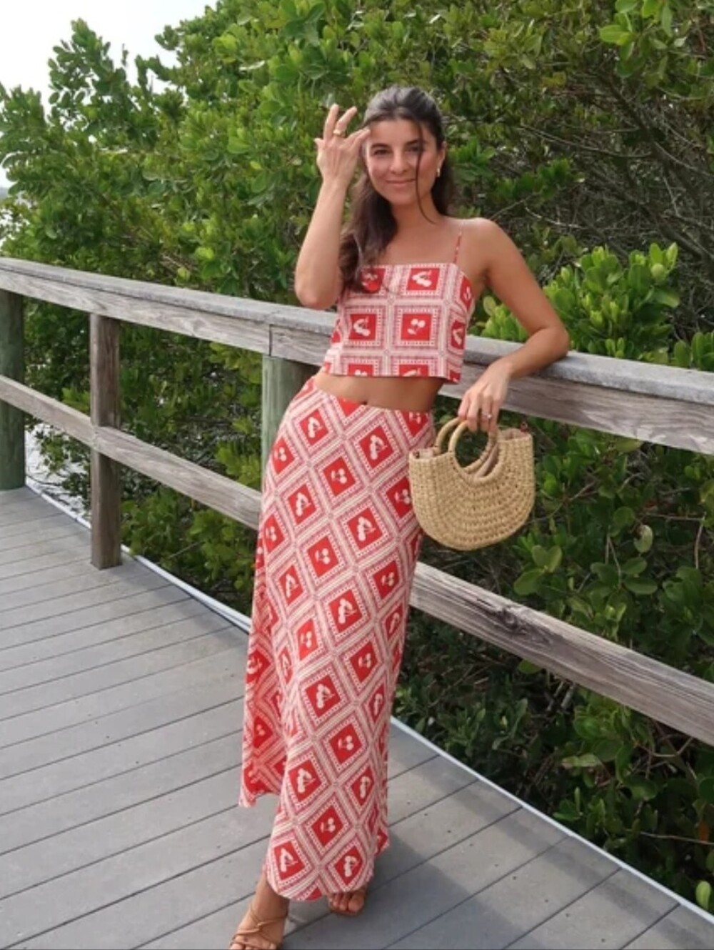 Abercrombie & Fitch Red Cherry Print Maxi Skirt & Top Linen Set Sz XXS
